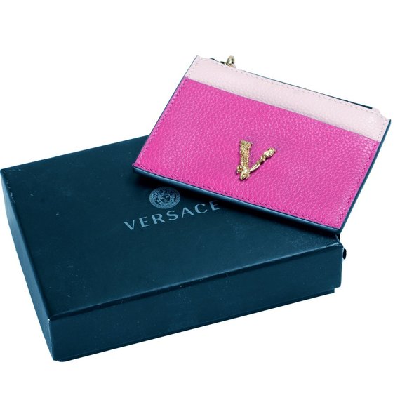 Versace Women's Purple & Pink 100% Textured Leather V-Logo Card Case